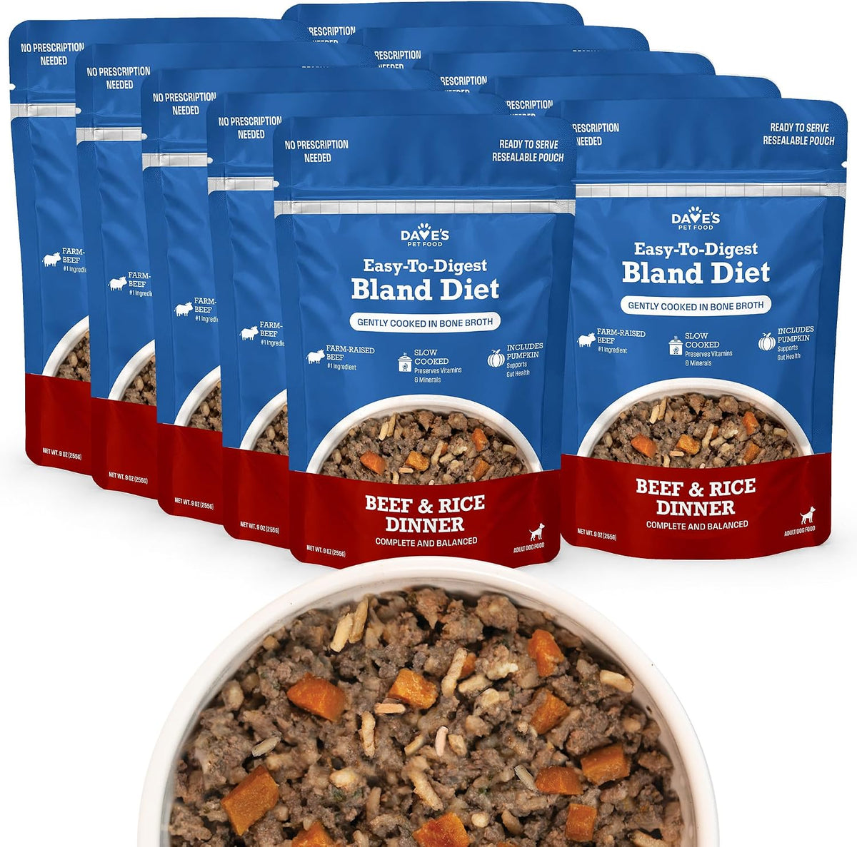 Dave's Bland Beef & Rice Pouch Recipe for Dogs / 10 Pack - 9 oz Pouches