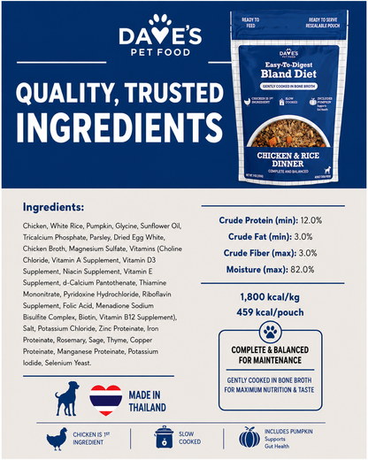 Dave's Bland Chicken & Rice Pouch Recipe for Dogs / 10-pack / 9 oz