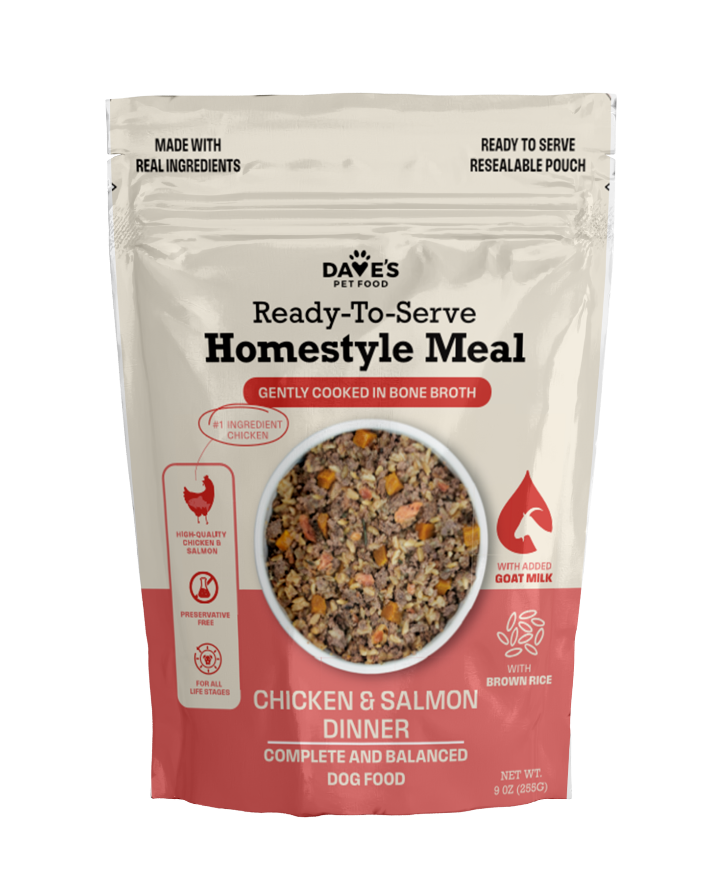 Dave's Chicken & Salmon with Brown Rice, Goat Milk Pouch Recipe for Dogs / 10 Pack - 9 oz Pouches