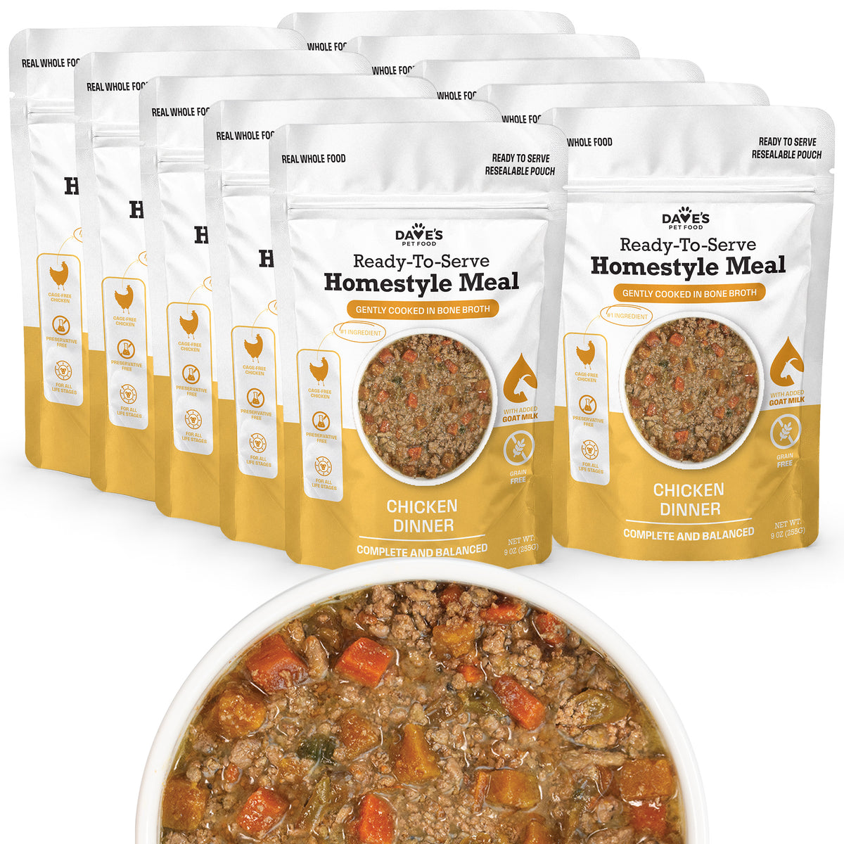 Dave's Grain-Free Goat Milk, Chicken Dinner Pouch Recipe for Dogs / 10 Pack - 9 oz Pouches