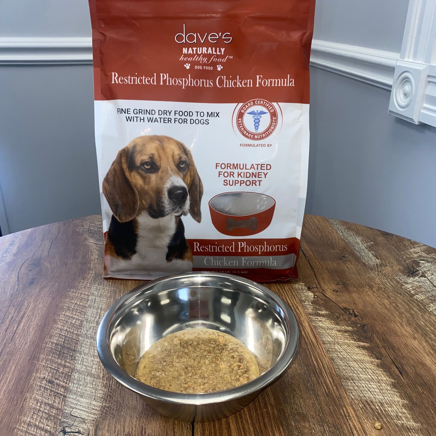 Dave's Pet Food Kidney Crumble Chicken Kidney Dog Formula in Dog Bowl